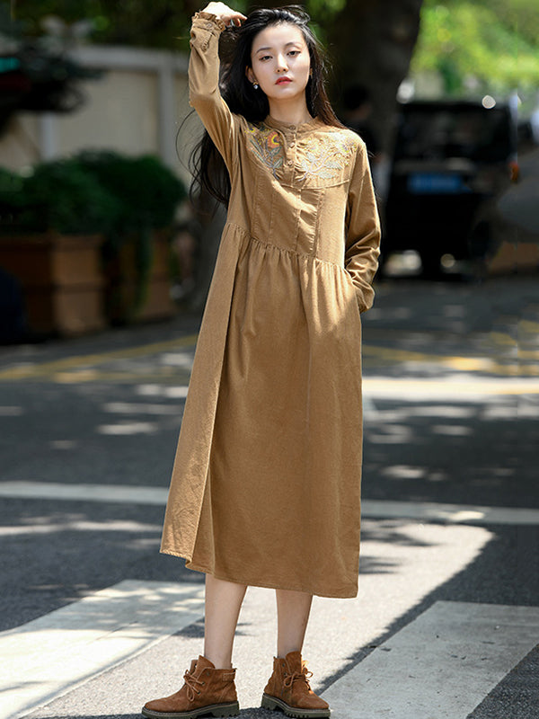 Vintage A-Line Loose Embroidered Stand Collar Midi Dresses