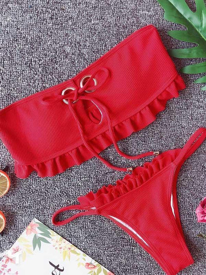 Falbala Lace-Up Bikinis Swimwear