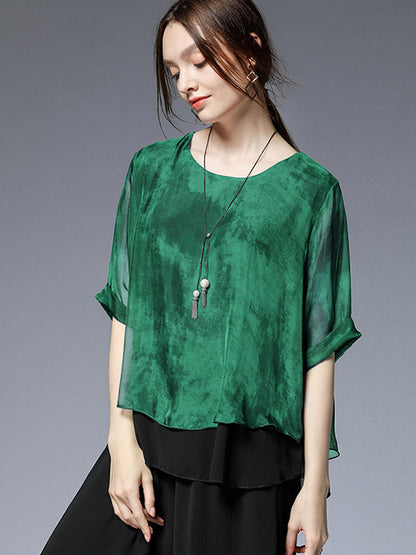 Artistic Retro Mulberry Silk Loose Printed Round-Neck Half Sleeves T-Shirt Tops