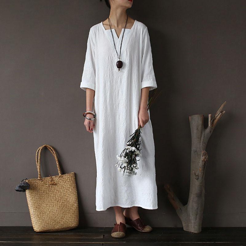 Women Cotton Jacquard Literature Retro Elbow Sleeve White Dress