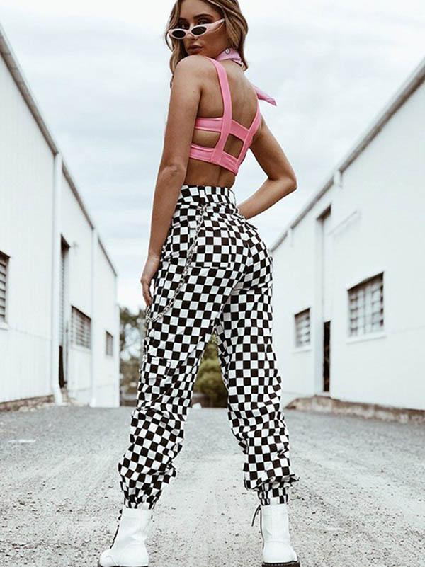 Contrast Color Black&White Plaid Loose Pants Bottoms