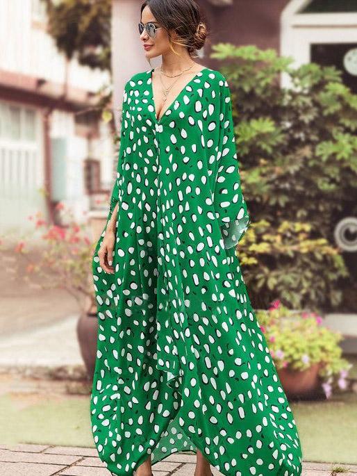 Loose Asymmetric Polka-dot V-neck Maxi Dress