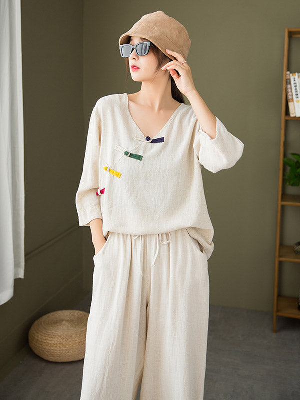 Original Casual Loose Linen Irregular Buttoned V-Neck Long Sleeves T-Shirt Tops&Wide Legs Casual Pants 2 Pieces Set
