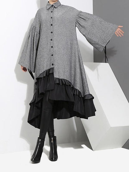 Loose Split-joint Falbala Lapel Blouse Dress