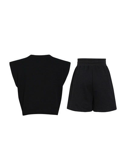 Casual Solid Color Cap Sleeve Vest+Shorts Suits