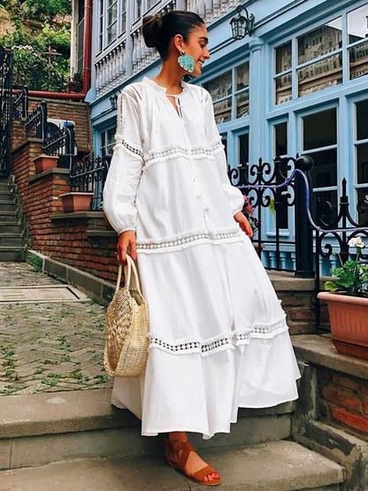 Lace Split-joint Puff Long Sleeves Maxi Dress