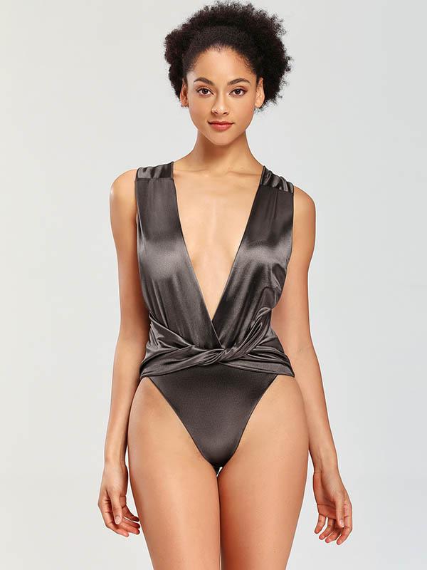 Wet Look Gathered Split Bikini Swimsuit