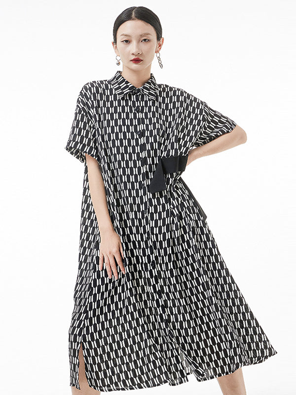 Original Loose Rhombic Printed Midi Shirt Dress