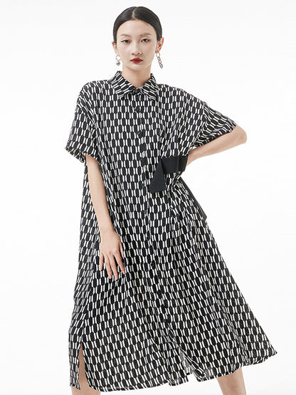 Original Loose Rhombic Printed Midi Shirt Dress