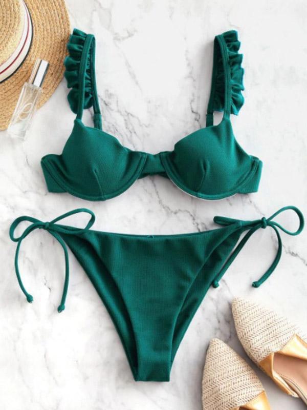 Solid Color Ruffled Split Bikini Swimsuit