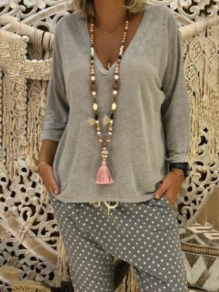 Loose V-neck Long Sleeve T-Shirt