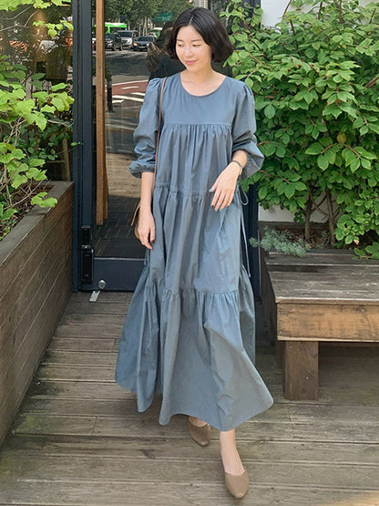 Casual Solid Color Pleated Drawstring Round-Neck Long Sleeves Midi Dress