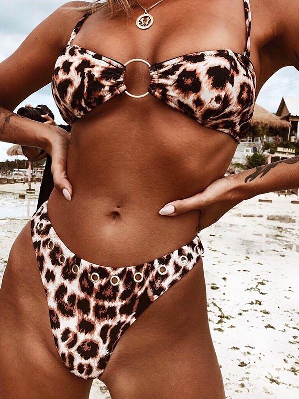 Leopard Print Hollow Split Bikini Swimsuit