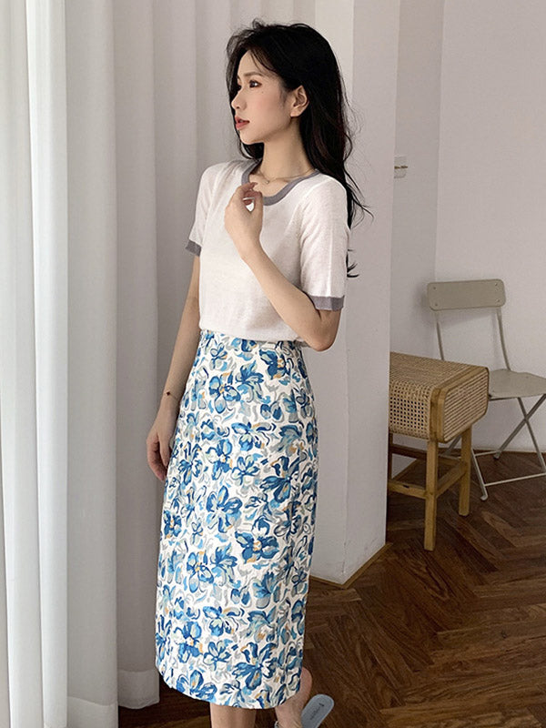 Casual Knitting Round-Neck Contrast Color T-Shirts Tops