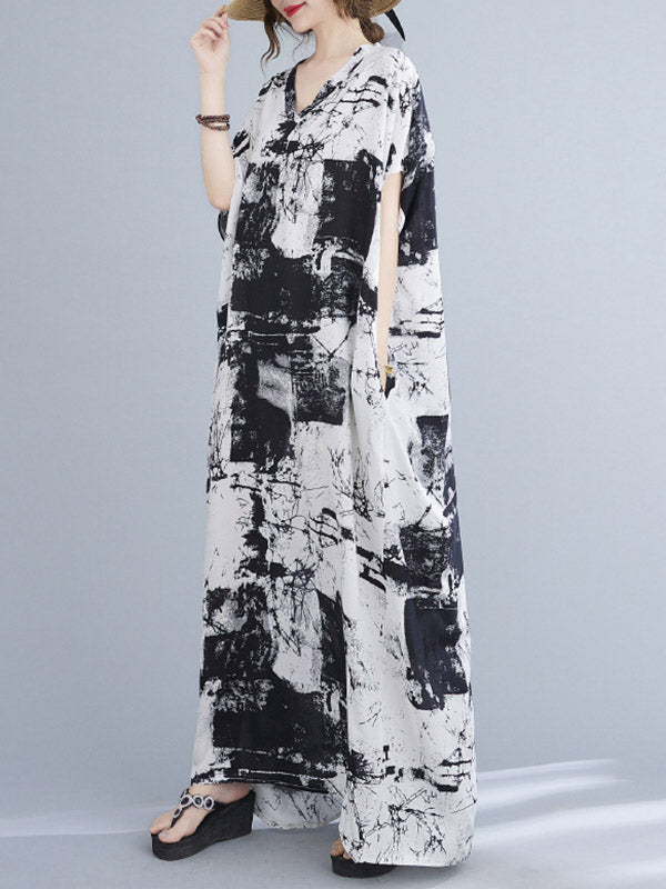 Original Ink-Printing V-Neck H-Line Maxi Dress