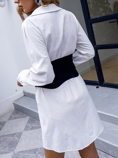 Original Buttoned Contrast Color Lapel Long Sleeves Asymmetric Mini Dress