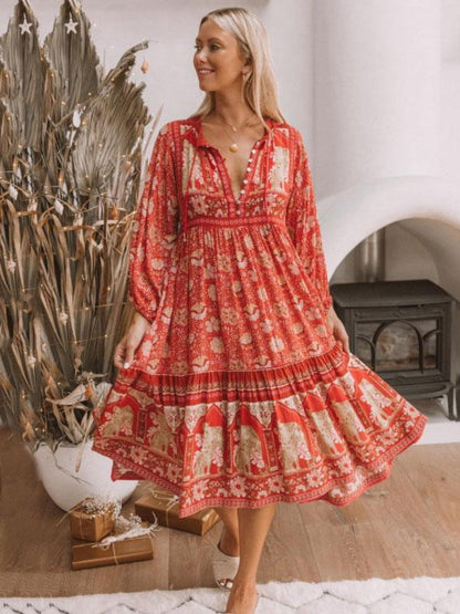 Printed Long Sleeves Lace-up Midi Dress