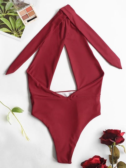 Plain Bandage Backless One-piece Swimwear