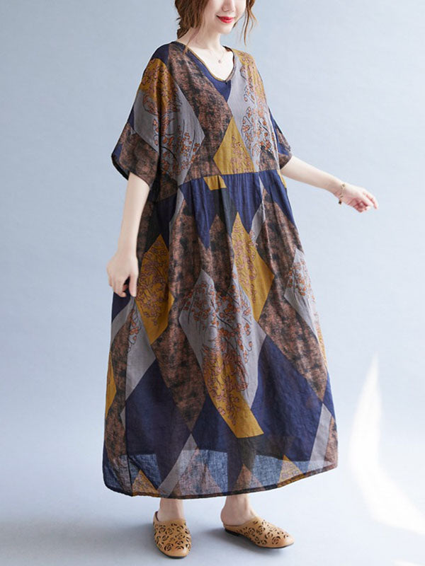 Vintage Printed V-Neck Half Sleeves Midi Dress