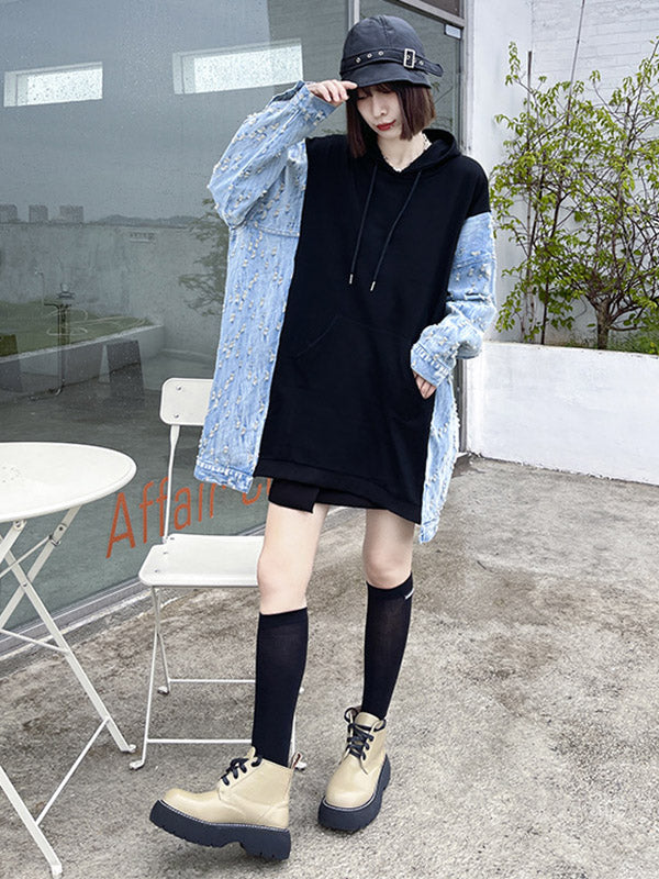 Original Stylish Loose Denim Split-Joint Hooded Long Sleeves Hoodies