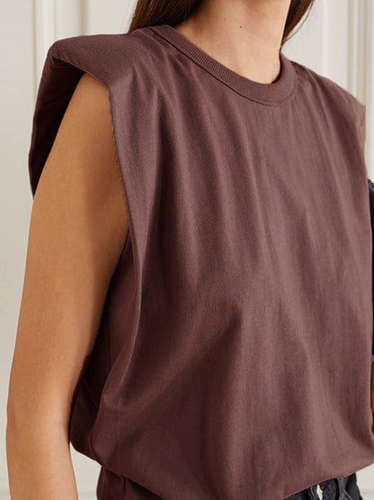 Casual Solid Color Round-Neck Cap Sleeve Vest Tops