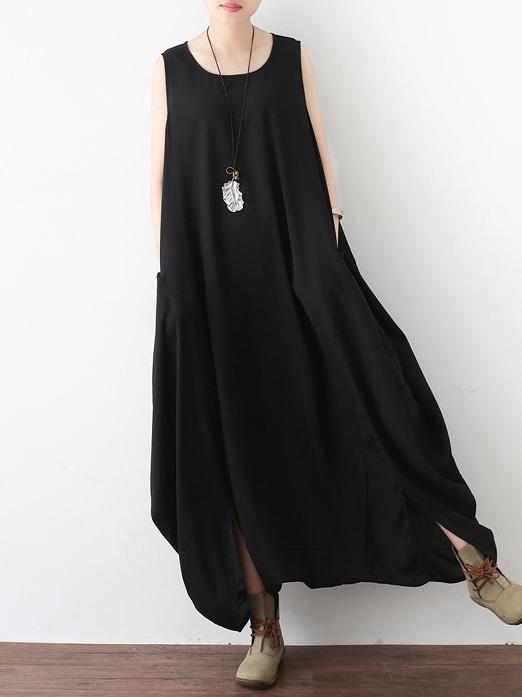 Black Round-neck Split-front Sleeveless Jumpsuits