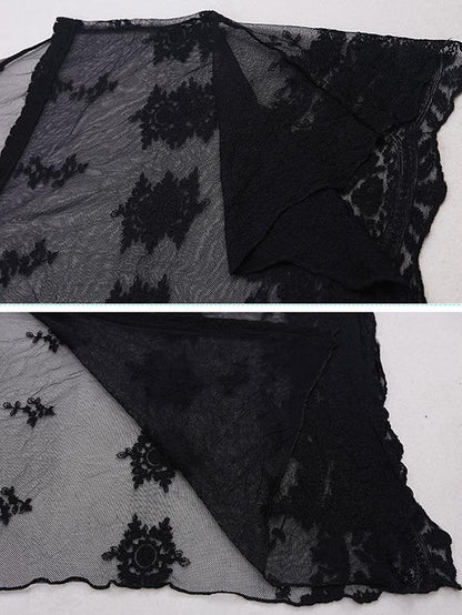Lace See-Through Embroidered Bat Sleeve Tunicshang Cover-Ups Tops
