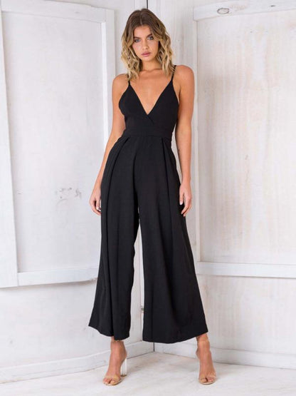 V-neck Wide Leg Backless Jumpsuit