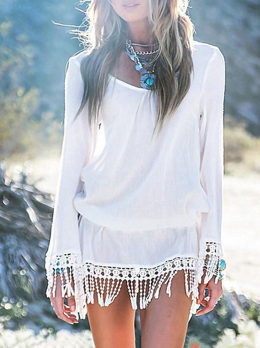 Sexy White with Tassels Big Round Neck Beach Dress Mini Dress