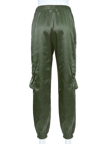 Solid Elastic Ankle Tied Cargo Pants