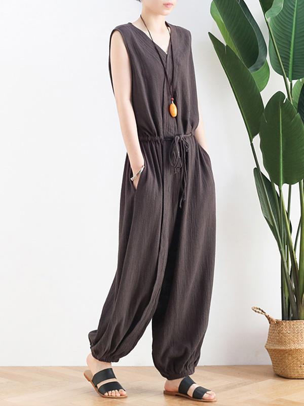 Original Solid Elasticity V-Meck Jumpsuits