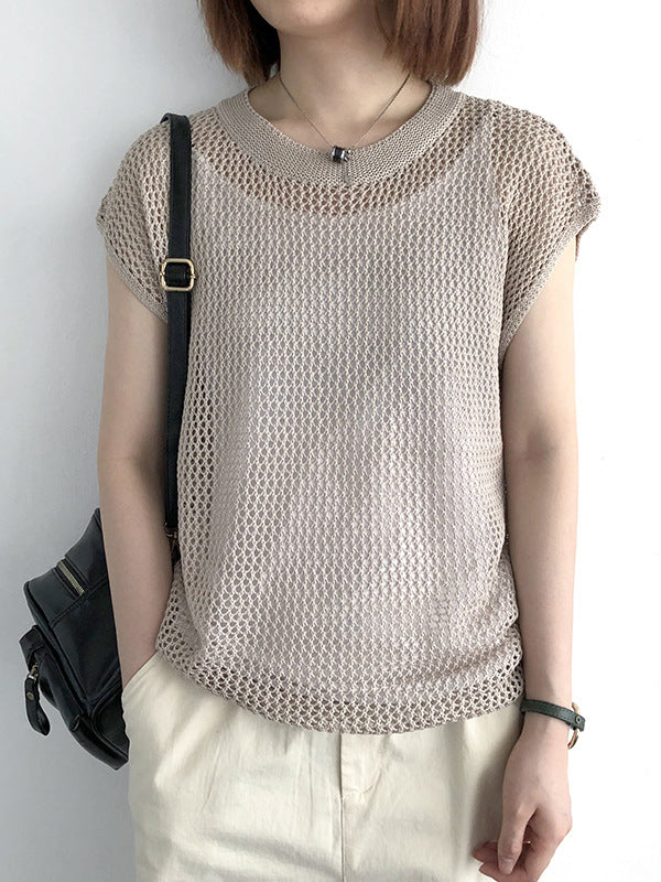 Simple Loose Solid Color Linen Hollow T-Shirt Top