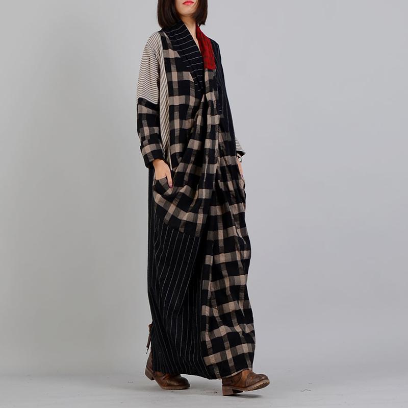 Buykud Stripe And Plaid Irregular Spliced Retro Loose Dress