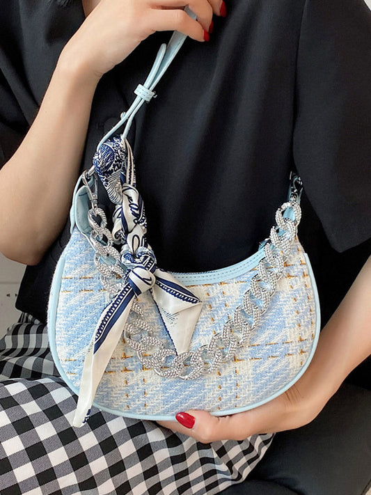 Original Chic Plaid With Chain&Scarf Zipper Canvas Shoulder Bag