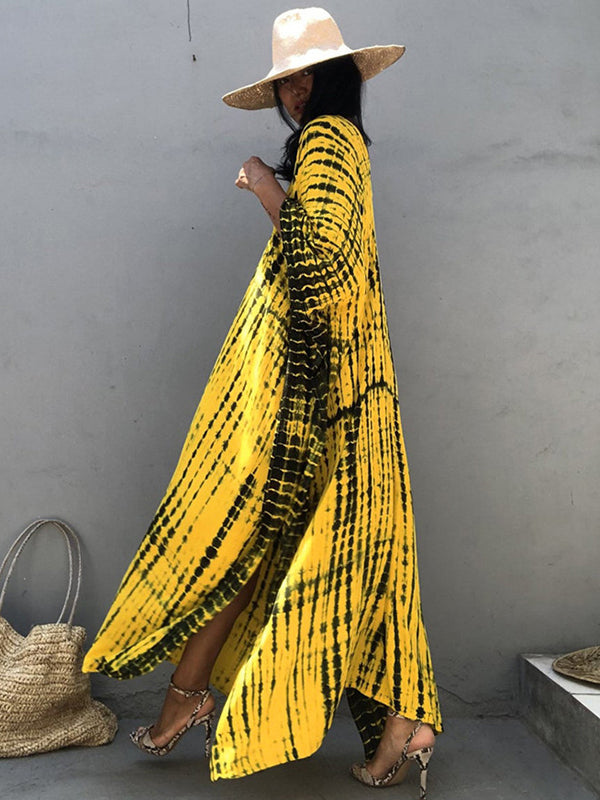 Bohemia Oversized Striped Printed Batwing Sleeves Cover-Up