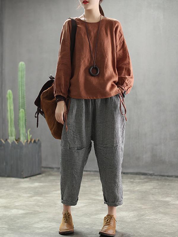Vintage Split-joint Elasticity Ramie Cotton Harem Pants