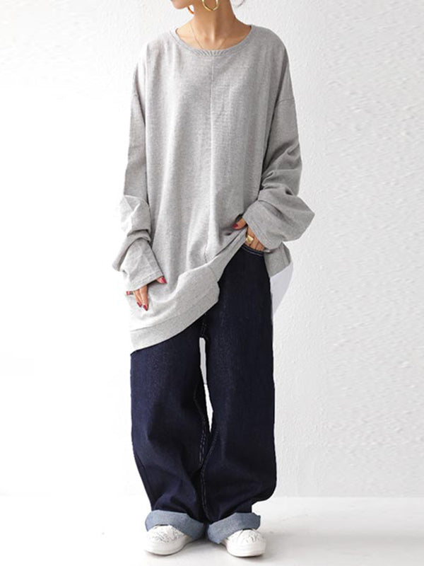 Casual Loose Color Matching Buttoned Split-Joint Split-Side High-Low Round-Neck Long Sleeves Sweatshirt