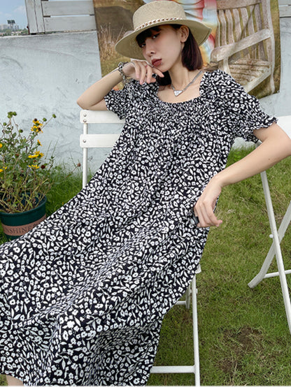Fashion Floral Printed Square-Neck Puff Sleeves A-Line Midi Dress