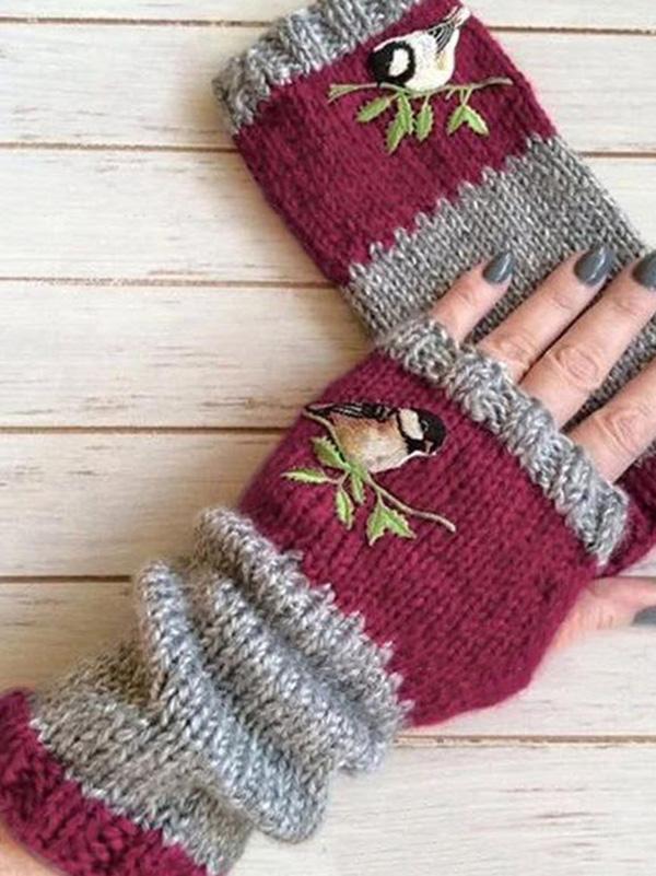 Knitting Embroidered Half Finger Gloves Accessories