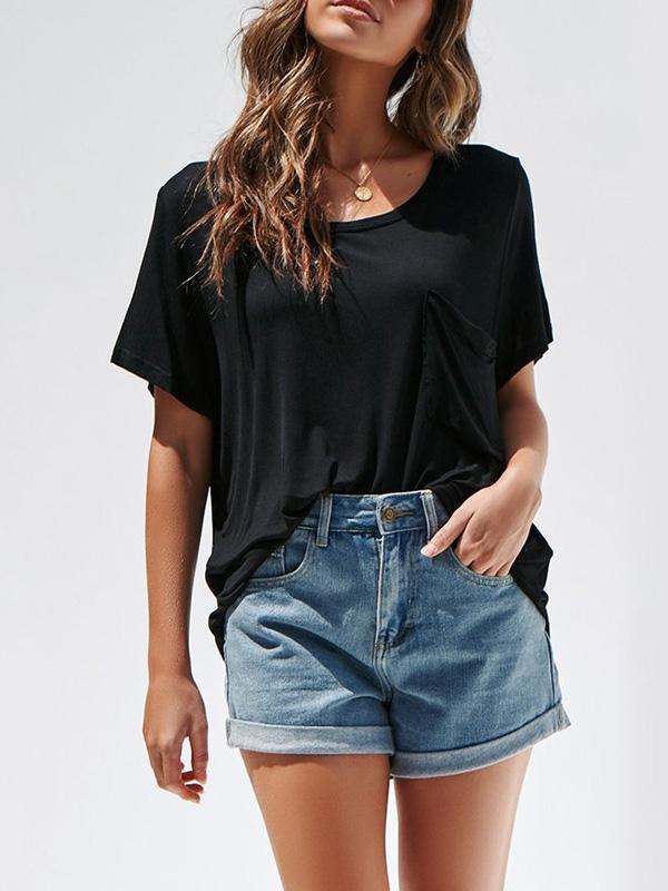 Round Neck Short Sleeve with Pocket Blouses&Shirts Tops