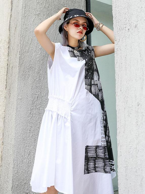 Asymmetric Printed Ruffled Sleeveless Dress