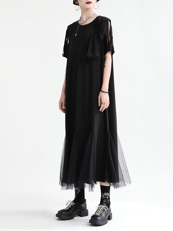 Asymmetric Split-Joint Gauze Hollow Short Sleeves A-Line Midi Dress