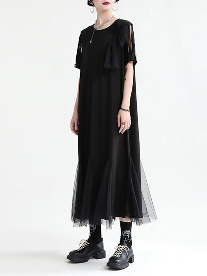 Asymmetric Split-Joint Gauze Hollow Short Sleeves A-Line Midi Dress