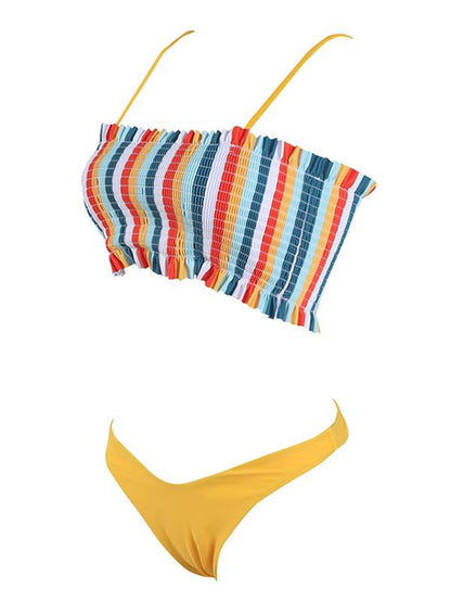 Striped Top Smocked Bikini Set