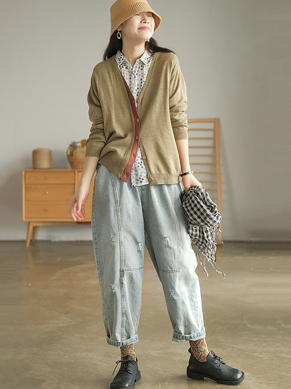 Simple Contrast Color Long Sleeves Cardigan Top