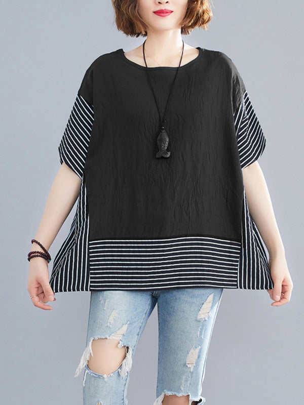 Vintage Ramie Cotton Striped Split-Joint Batwing Sleeves Round-Neck T-Shirt