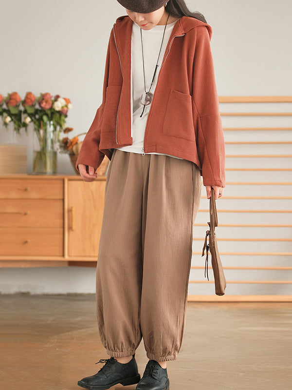 Casual Loose Solid Color Hooded Split-Joint Zipper Outerwear