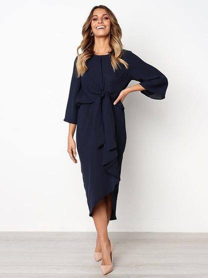 Solid Color Bandage Fabala Long Sleeves Midi Dress