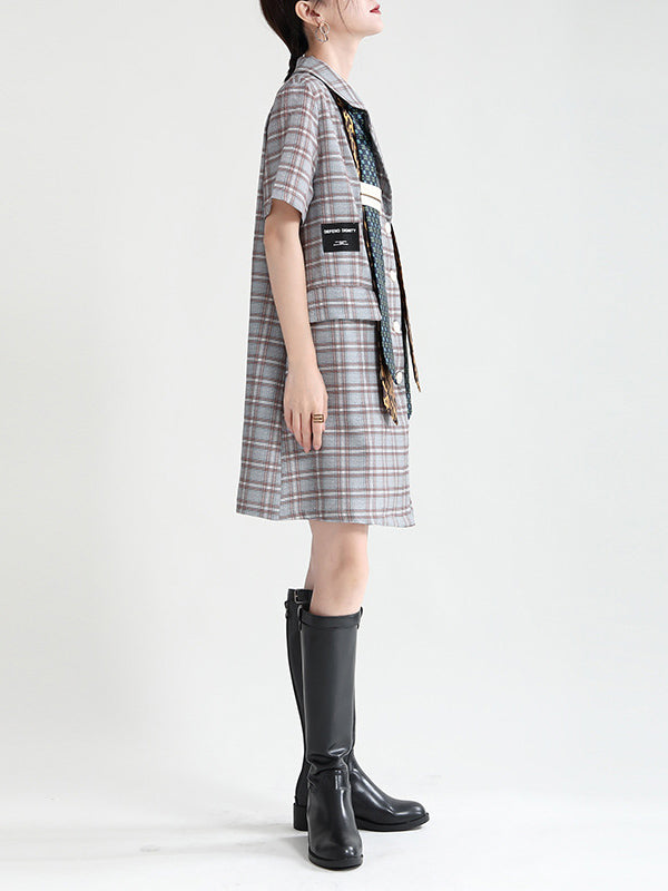Urban Asymmetric Plaid Double Breasted Notched Collar Short Sleeves Mini Dress
