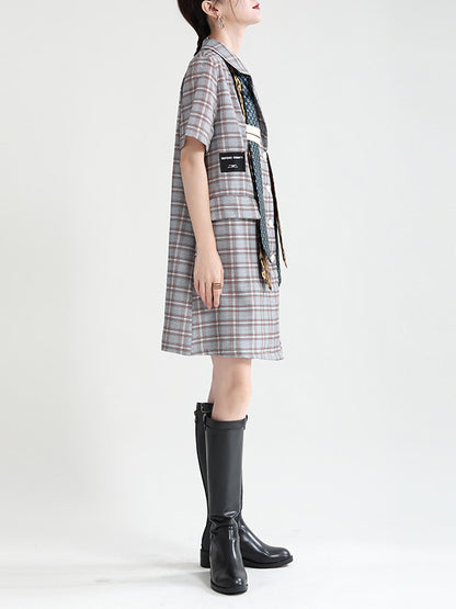 Urban Asymmetric Plaid Double Breasted Notched Collar Short Sleeves Mini Dress